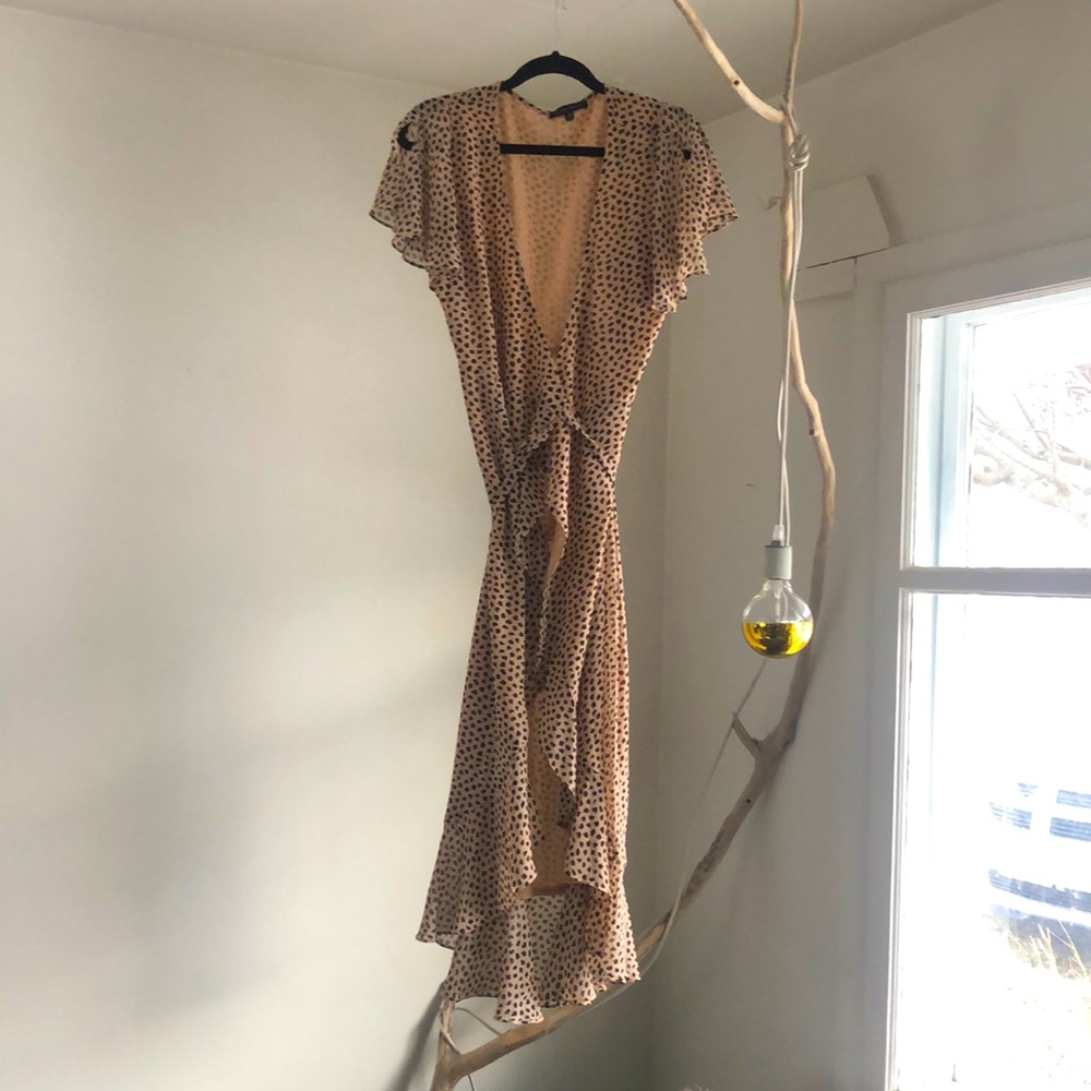 Tan/black pattern sheer, lined wrap dress, sexy!